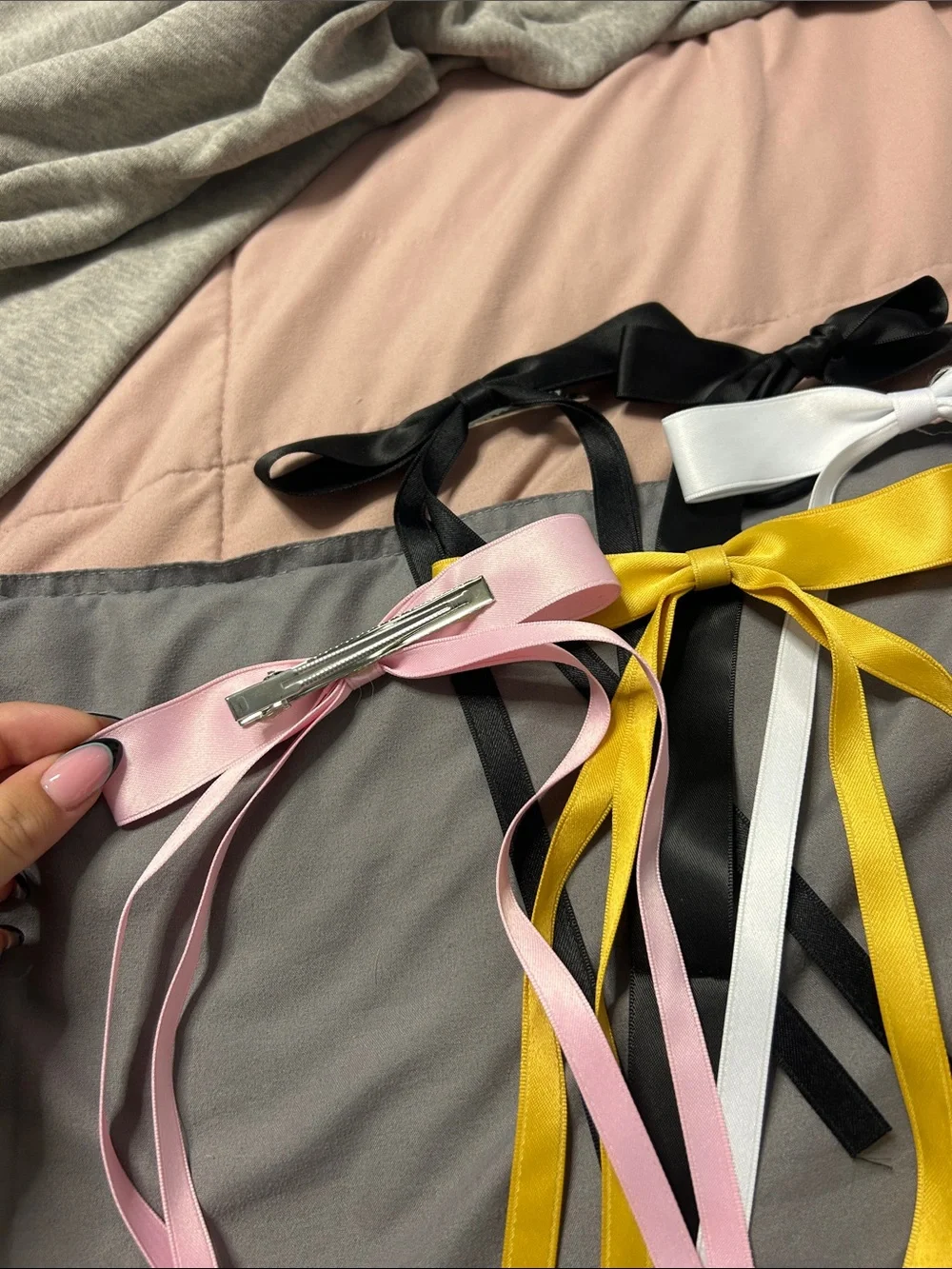 Satin Ribbon Bow Hair Clips - Pink, Black, White, Yellow